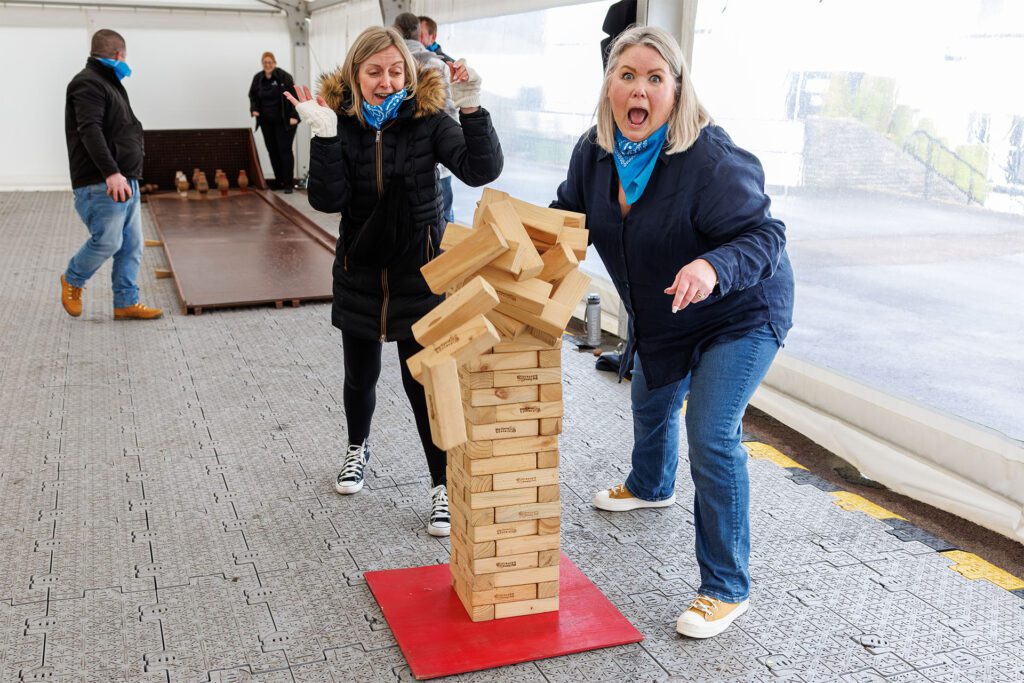 Paramount team jenga tower falling and everyone looking shocked